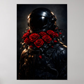 Astronaut Schwarzer Anzug Rote Rosen Florale Raumk Poster