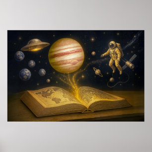 Astronaut schwebt aus einem kosmischen Bilderbuch Poster