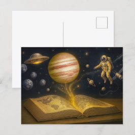 Astronaut schwimmt aus kosmischem Geschichtenbuch Feiertagspostkarte