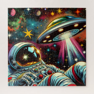 Astronaut schwimmt im Weltraum mit einem UFO Kunst