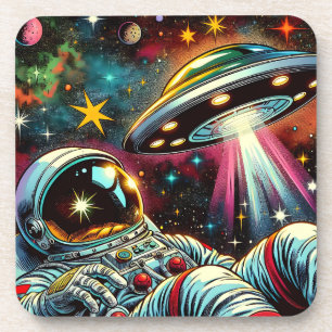 Astronaut schwimmt im Weltraum mit einem UFO Kunst Getränkeuntersetzer