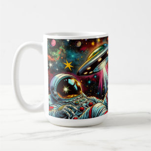 Astronaut schwimmt im Weltraum mit einem UFO Kunst Kaffeetasse
