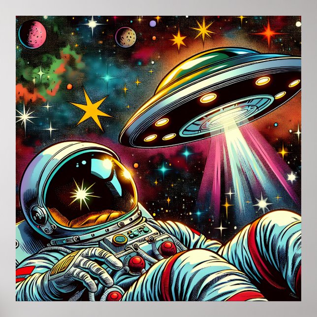Astronaut schwimmt im Weltraum mit einem UFO Kunst Poster (Vorne)