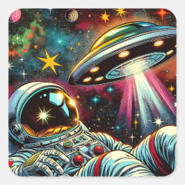 Astronaut schwimmt im Weltraum mit einem UFO Kunst Quadratischer Aufkleber