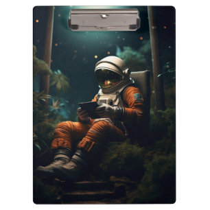 Astronaut sitzt auf einem Stuhl Klemmbrett