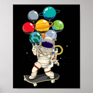 Astronaut Skateboarding Kinder Lloon Planeten Welt Poster