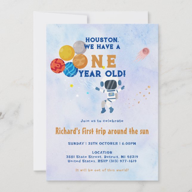 Astronaut Space Kids Erste Geburtstagsparty Einladung (Vorderseite)