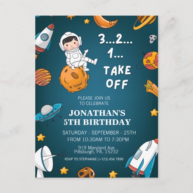 Astronaut Space Planeten dunkles Thema Geburtstag Postkarte (Vorderseite)