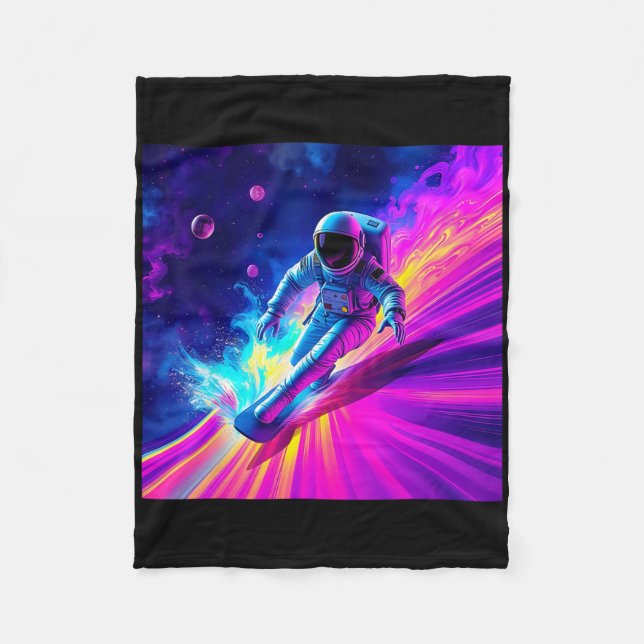 Astronaut surft auf kosmischer Regenbogenwelle Gra Fleecedecke (Vorderseite)
