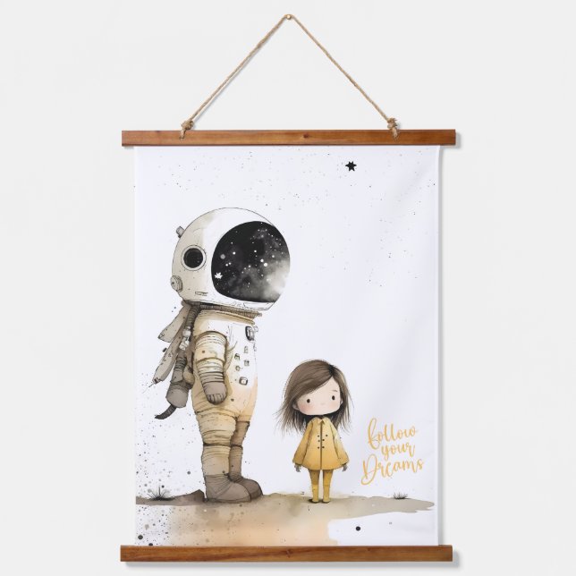 Astronaut und Mädchen Wandteppich Mit Holzrahmen (Vorderseite)