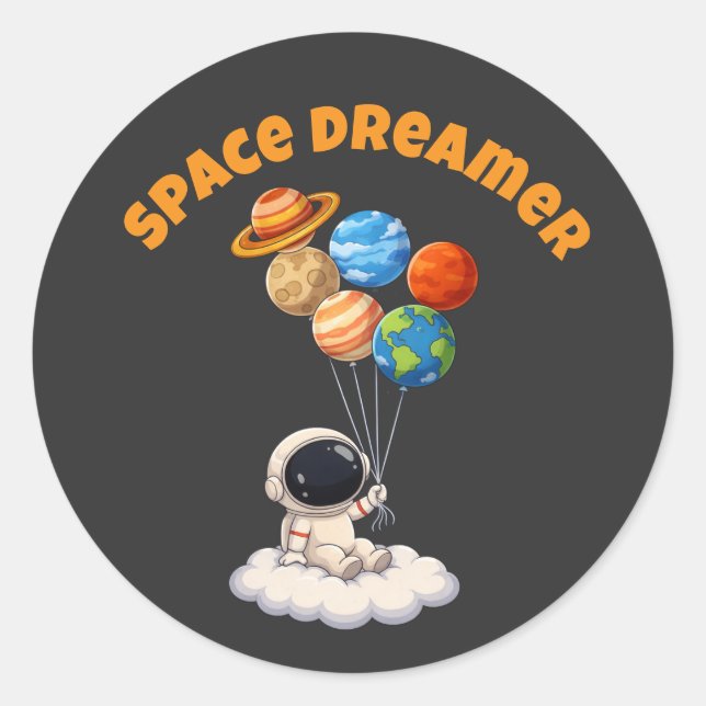 Astronaut With Planet Balloons Runder Aufkleber (Vorderseite)