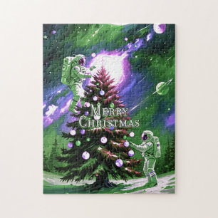 Astronauten dekorieren Christbaum im Weltraum