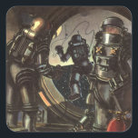 Astronauten der Vintagen Science Fiction auf einem Quadratischer Aufkleber<br><div class="desc">Vintage Illustration futuristische Reise-und Transport-Science Fiction Bild. Astronauten in Raumschiffen mit einem Astronauten auf einem Weltraumspaziergang und einem anderen,  der im Weltraum schwebt. Ein klassischer 50er Retro-Sci-Fi-Comic Buch Design.</div>