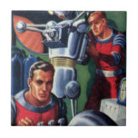Astronauten der Vintagen Science Fiction, die eine Fliese<br><div class="desc">Vintage Illustration futuristische Science Fiction Außerirdischen und Roboter Bild mit einem Mann,  der an seinem Metallroboter arbeitet. Ein Astronaut ist ein Pilot,  der die Kontrollen ihrer Rakete steuert. Klassisches Retro 50er Comic im Stil sci fi Design.</div>