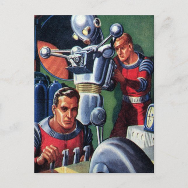 Astronauten der Vintagen Science Fiction, die eine Postkarte (Vorderseite)