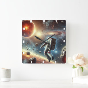 Astronauten erkunden den Weltraum Quadratische Wanduhr