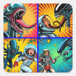 Astronauten gegen Alien Pop Art Quadratischer Aufkleber