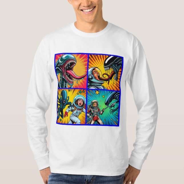 Astronauten gegen Alien Pop Art T-Shirt (Vorderseite)