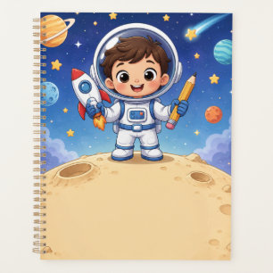Astronauten-Kind bereit, das Schulnotizbuch zu erk Planer