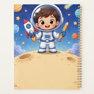 Astronauten-Kind bereit, das Schulnotizbuch zu erk Planer