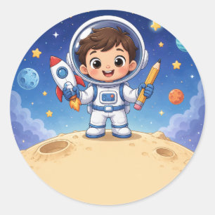 Astronauten-Kind bereit, das Schulnotizbuch zu erk Runder Aufkleber