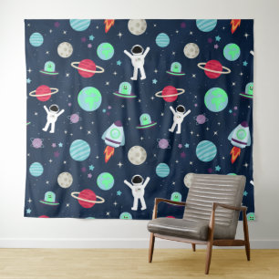 Astronauten Planeten Raketen und Aliens Wandteppich