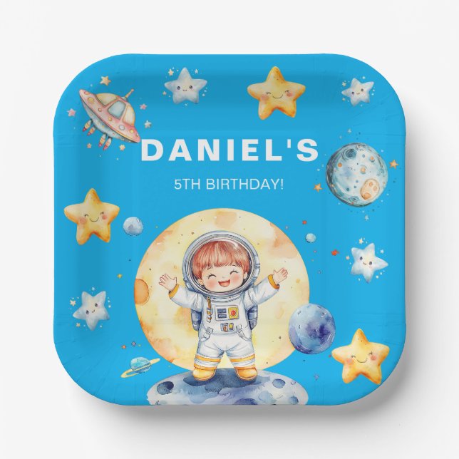 Astronauten Raumfahrt-Themed Custom Birthday Party Pappteller (Vorderseite)