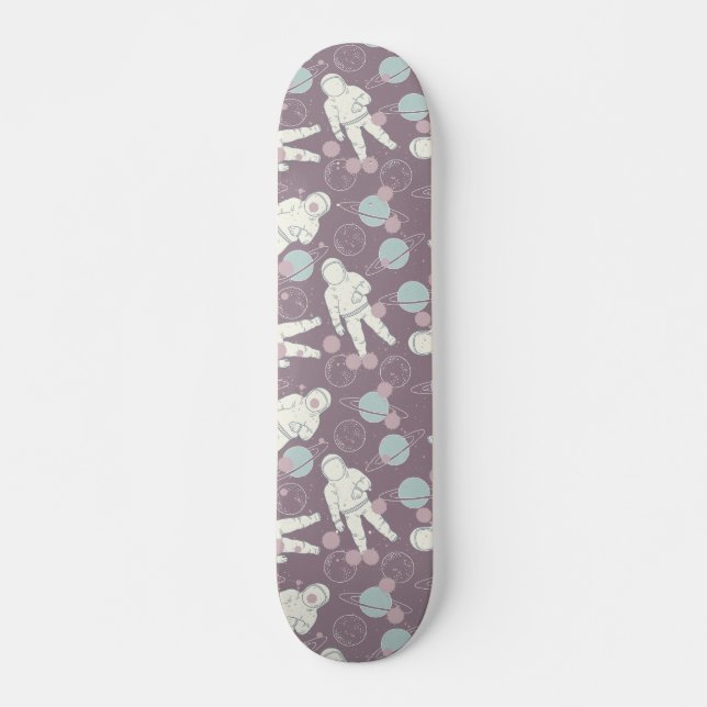 Astronauten Raumplaneten Lila blaues Muster Skateboard (Vorne)