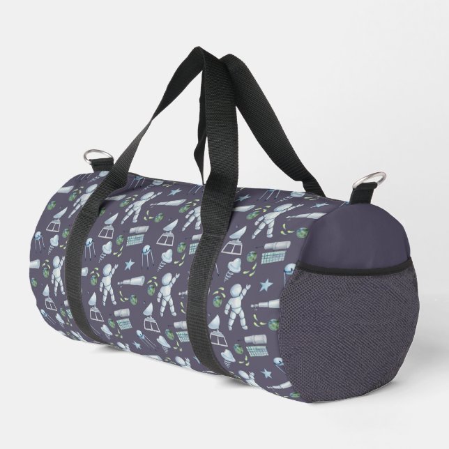 Astronauten und Zubehör auf blau Duffle Bag (Rechte Ecke)
