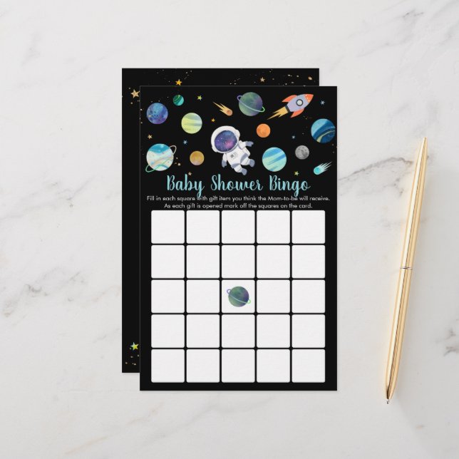 Astronauten Weltraumbaby Dusche Bingo Spiel (Vorderseite/Rückseite Beispiel)