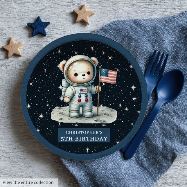 Astronautenbär Geburtstagsplatte für Little Boy Pappteller (Astronaut Bear Birthday Plate for Little Boy)