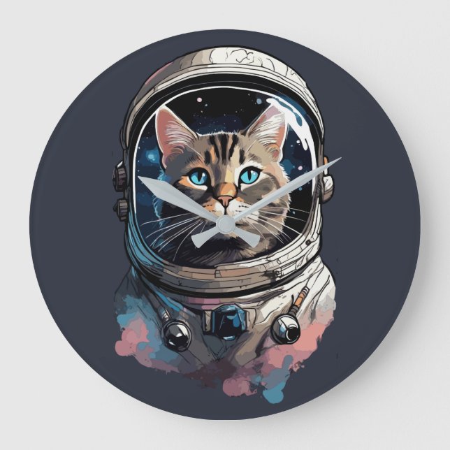 Astronautenkatze im Weltraum Kunst Große Wanduhr (Vorderseite)