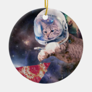 Astronautenkatze jagt eine Pizzagrute Keramik Ornament