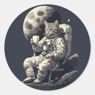 Astronautenkatze mit Kaffee-Cup Runder Aufkleber