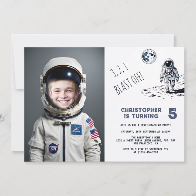 Astronautenkostüm Foto Geburtstag Einladung (Vorderseite)