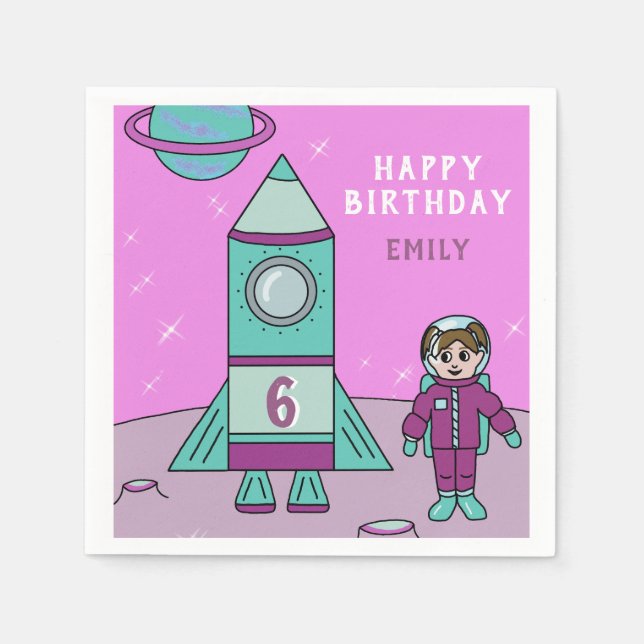 Astronautenmädchen und Raketenmond Weltraum zum Ge Serviette (Vorderseite)
