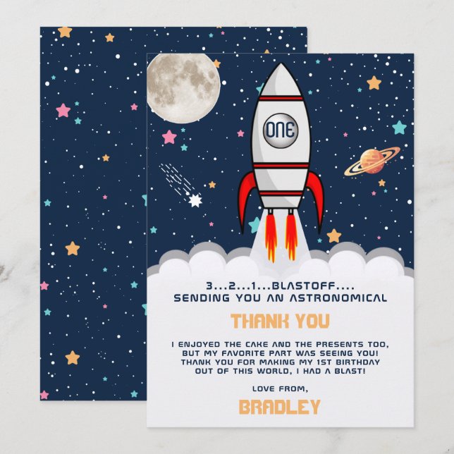 AstronautenraketenWeltraum 1. Geburtstag Dankeskarte (Vorne/Hinten)