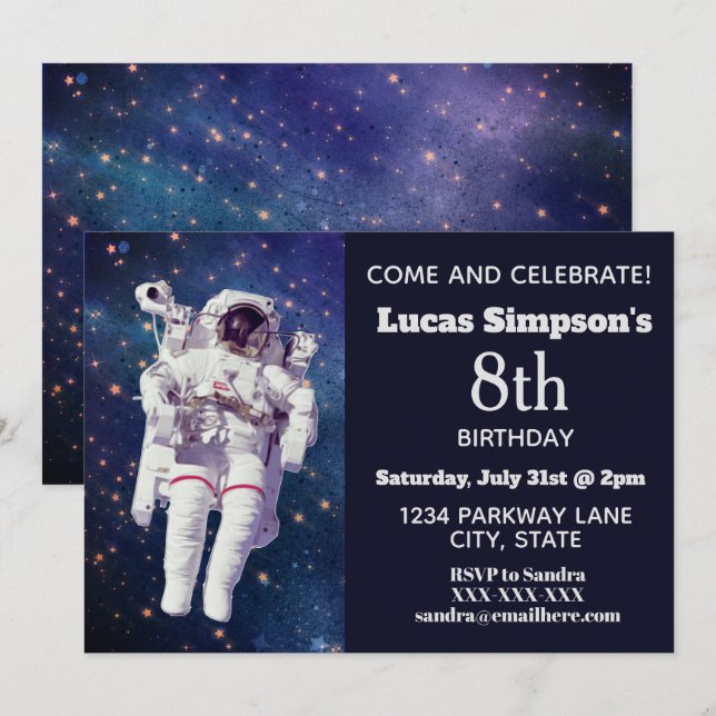 Astronautenraum zum Geburtstag Einladung (Vorne/Hinten)
