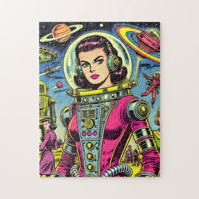 Astronautin Frauen Vintage Sci-Fi-Comic (Vertikal)