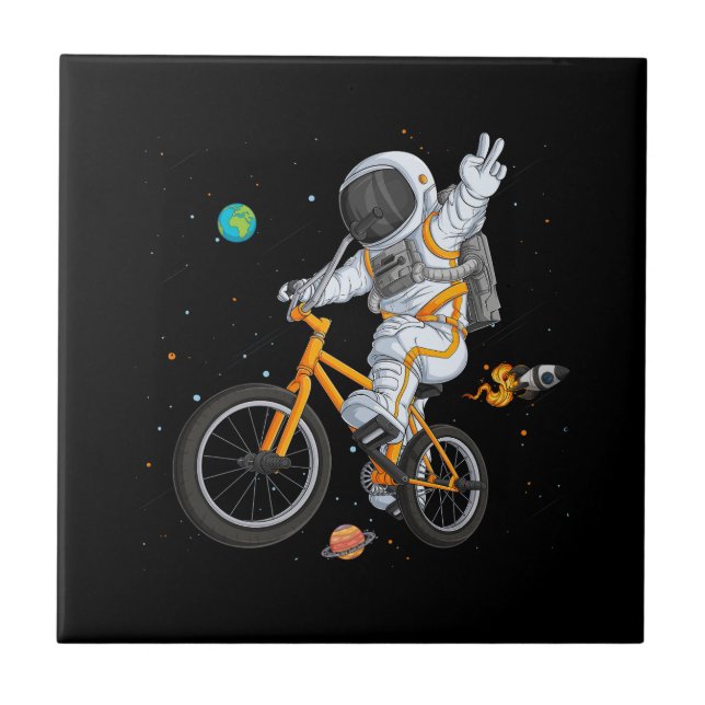 Astronautin im Weltraumfahrer bmx bike auf space o Fliese (Vorderseite)