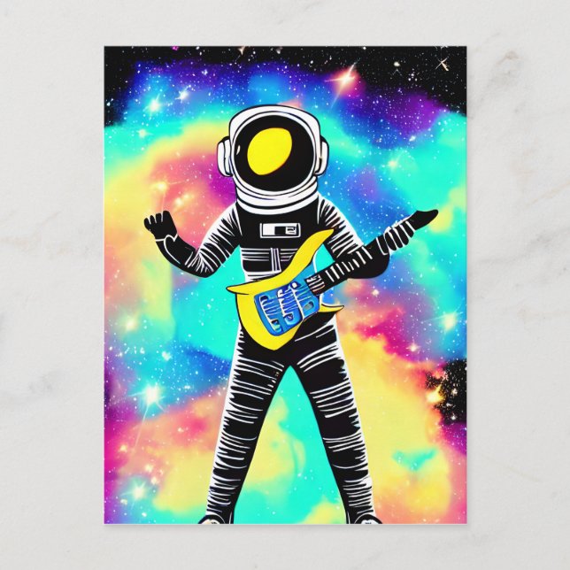 Astronautin spielt elektrische Gitarre im Weltraum Postkarte (Vorderseite)