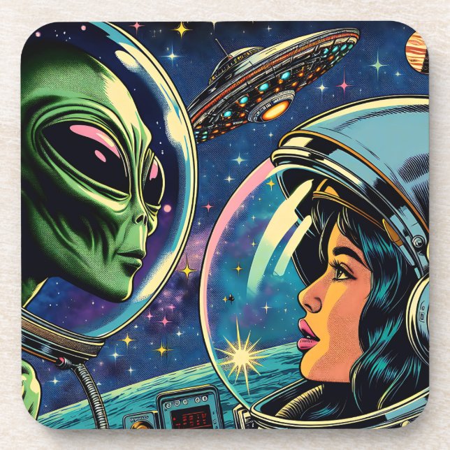 Astronautin trifft extraterrestrische Alien Getränkeuntersetzer (Vorderseite)