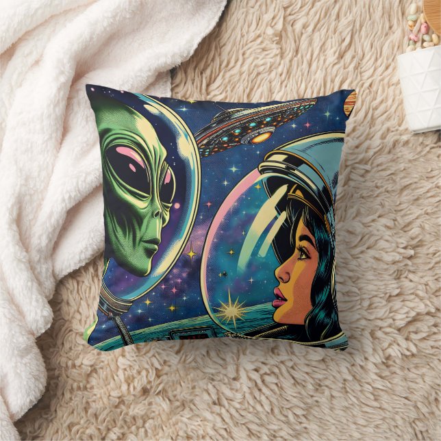 Astronautin trifft extraterrestrische Alien Kissen (Decke)