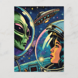 Astronautin trifft extraterrestrische Alien Postkarte