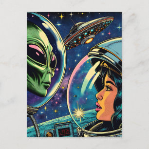 Astronautin trifft extraterrestrische Alien Postkarte