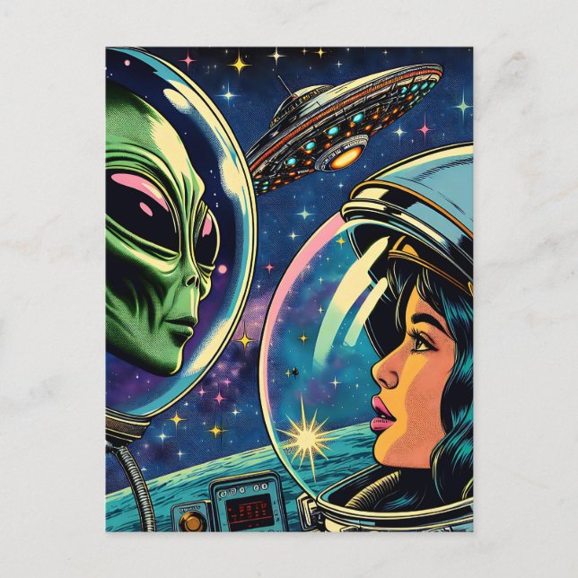 Astronautin trifft extraterrestrische Alien Postkarte (Vorderseite)
