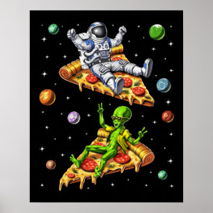 Astronautin und Alien Reitpizza Poster