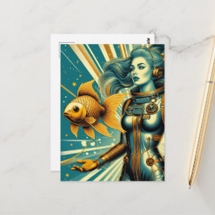 Astronautin und Goldfisch Postkarte
