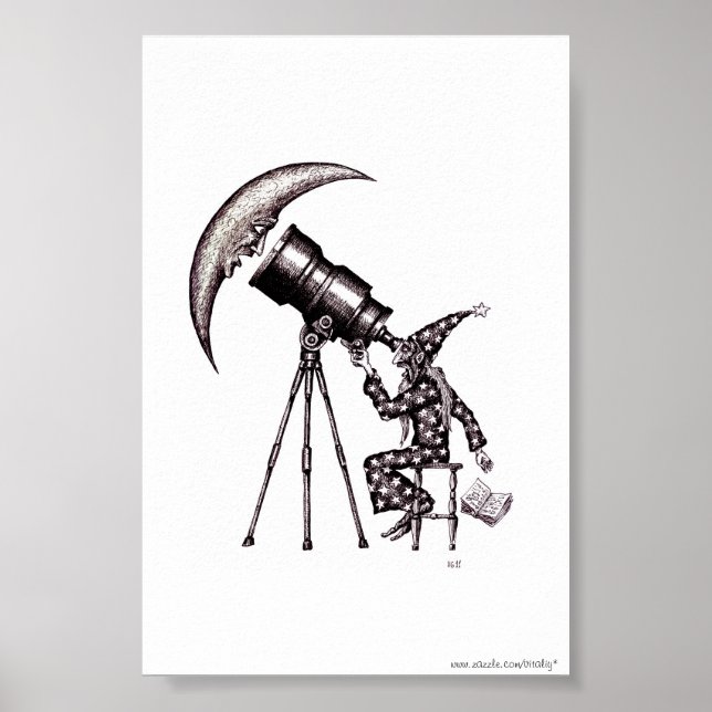 Astronomie und Mond surreale Schwarzweißkunst Poster (Vorne)