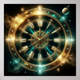 Astronomische Uhr mit goldenen Verzierungen Poster